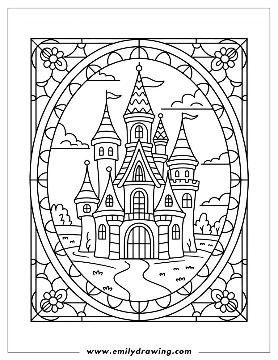 Line art of a castle in a stained glass style frame. The castle has multiple towers and flags, and is surrounded by simple clouds, trees, and a path.