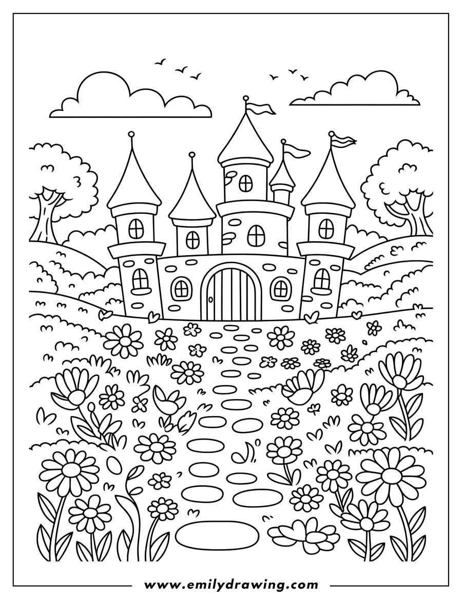 Outline of a fairy tale castle with multiple towers and flags, surrounded by hills, trees, and a garden of flowers with a stone path leading to its entrance.