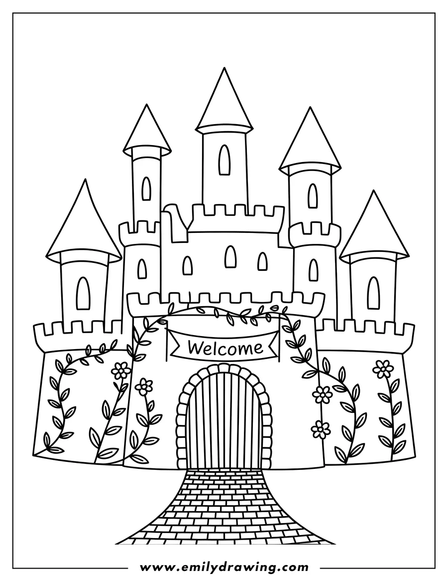 Outline of a grand castle with multiple towers and a large entrance gate. A banner with the word 'Welcome' hangs above the gate, and floral vines with flowers decorate the castle walls around the entrance. A brick pathway leads to the gate.