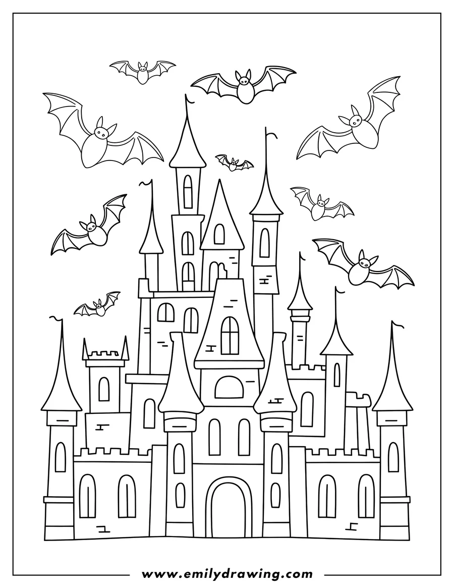 Line art of a tall, intricate castle with many towers and arched windows, surrounded by several flying bats.