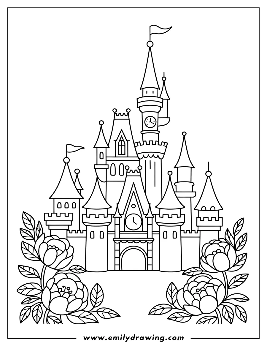Line art of a grand, fairytale castle with multiple spires, towers, and flags, framed by large, blooming flowers and leaves on either side.