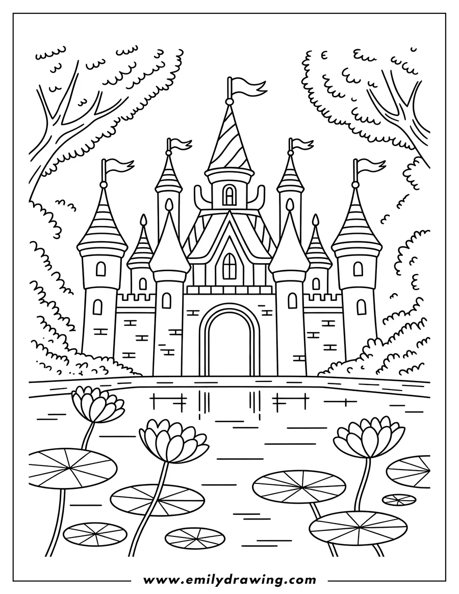 Outline of a grand castle with multiple towers and flags, set by a pond with blooming lotus flowers and lily pads, surrounded by trees.