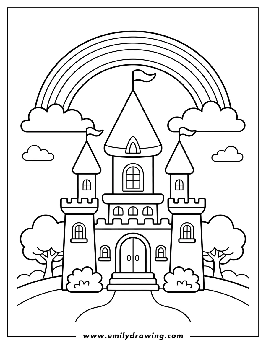 Line art of a fairytale castle with multiple towers and flags, set on a hill with trees and bushes, and a large rainbow arcing over the top, with clouds in the sky.