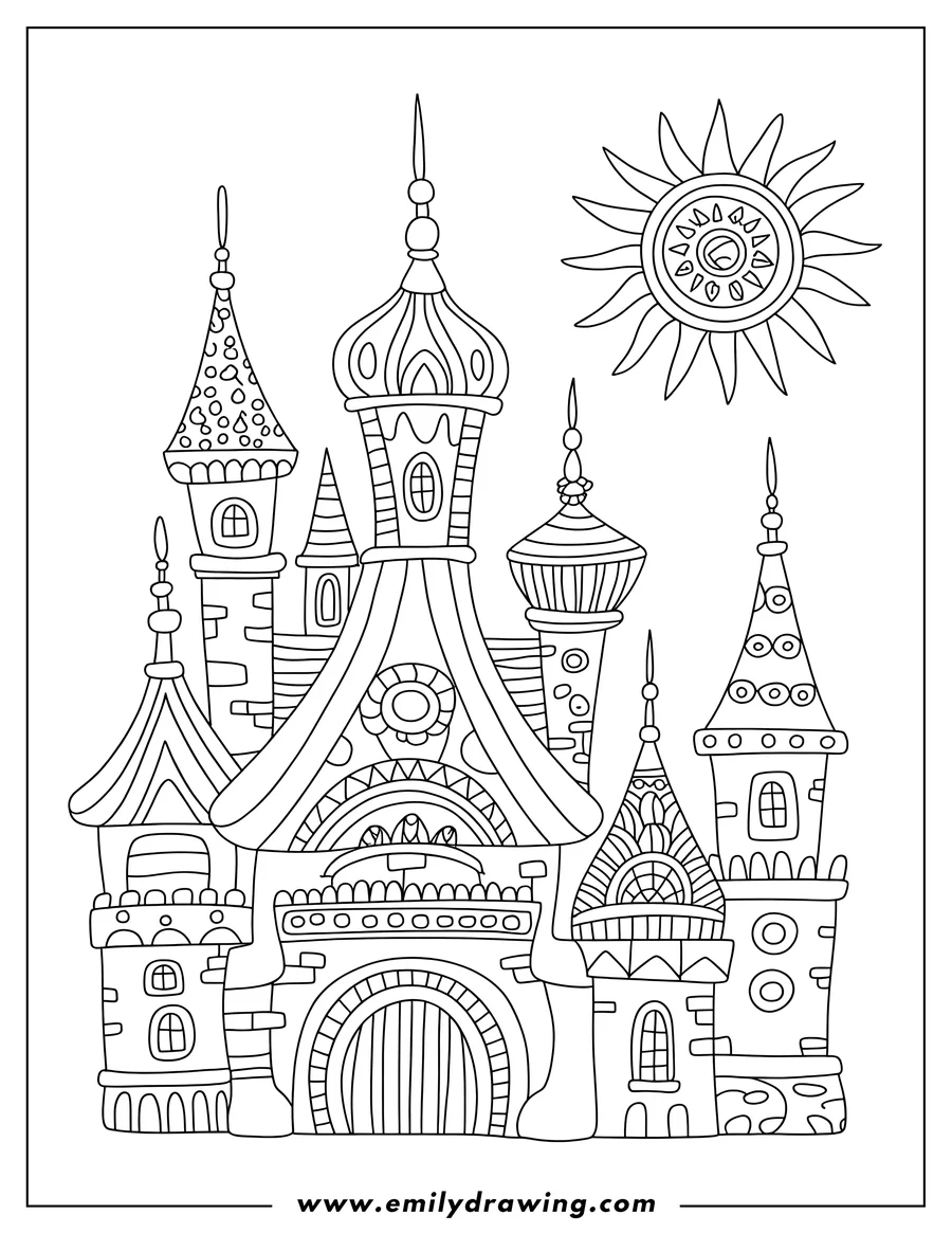 Line art of a whimsical castle with multiple towers and decorative spires, and a patterned sun in the upper right corner.