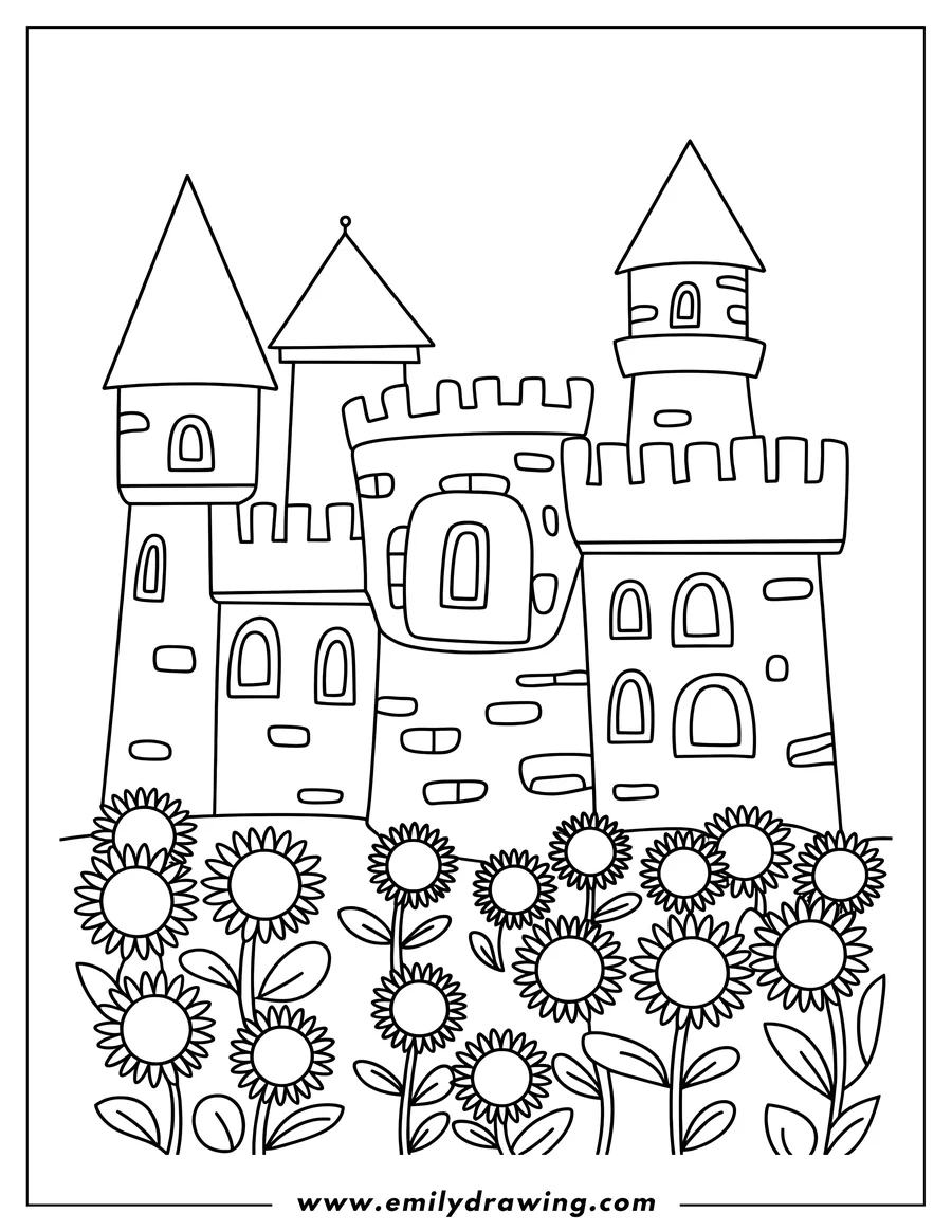 Line art of a large fantasy castle with multiple towers and battlements, surrounded by a field of blooming sunflowers.