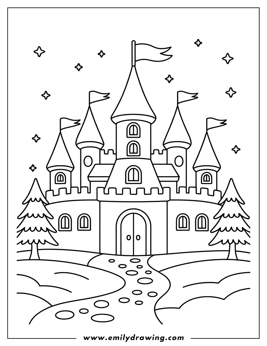 Line art of a majestic castle with multiple towers, flags, and a grand entrance. Two pine trees flank the castle, and a winding stone path leads to its door, all under a starry sky.