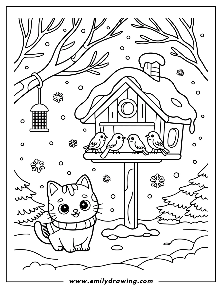 Outline of a cute cat wearing a striped scarf, looking at a bird feeder with four birds perched on it, surrounded by falling snowflakes and snowy trees.