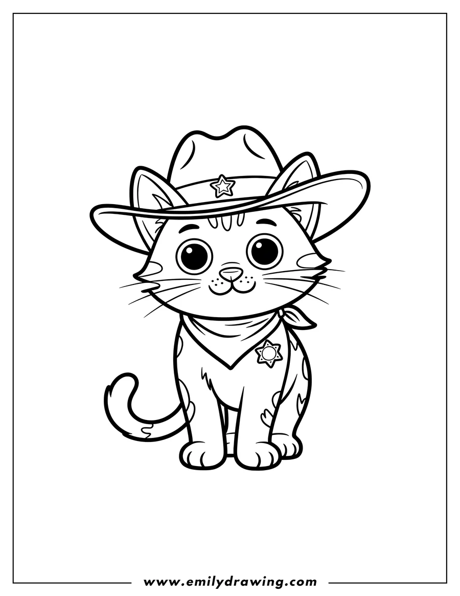 Line art of a cartoon cat wearing a cowboy hat with a star badge and a bandana.
