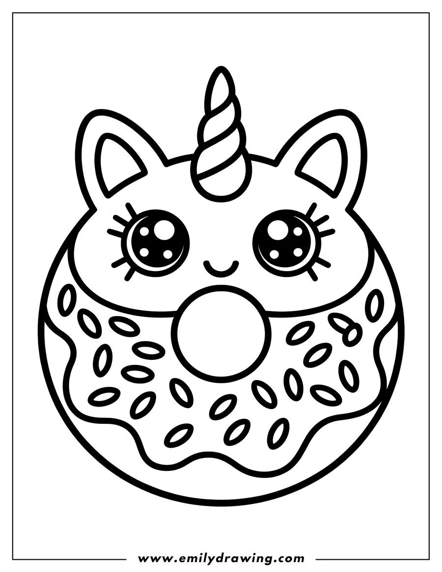 Outline of a cat-shaped donut with a unicorn horn and large, sparkling eyes.