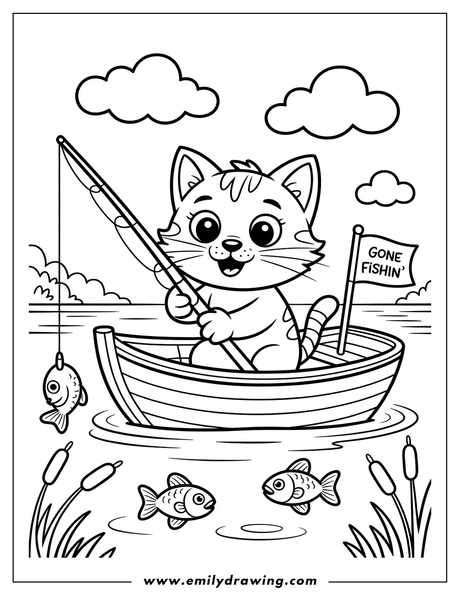 Line art of a cat fishing from a small rowboat. The cat holds a fishing rod, and a 