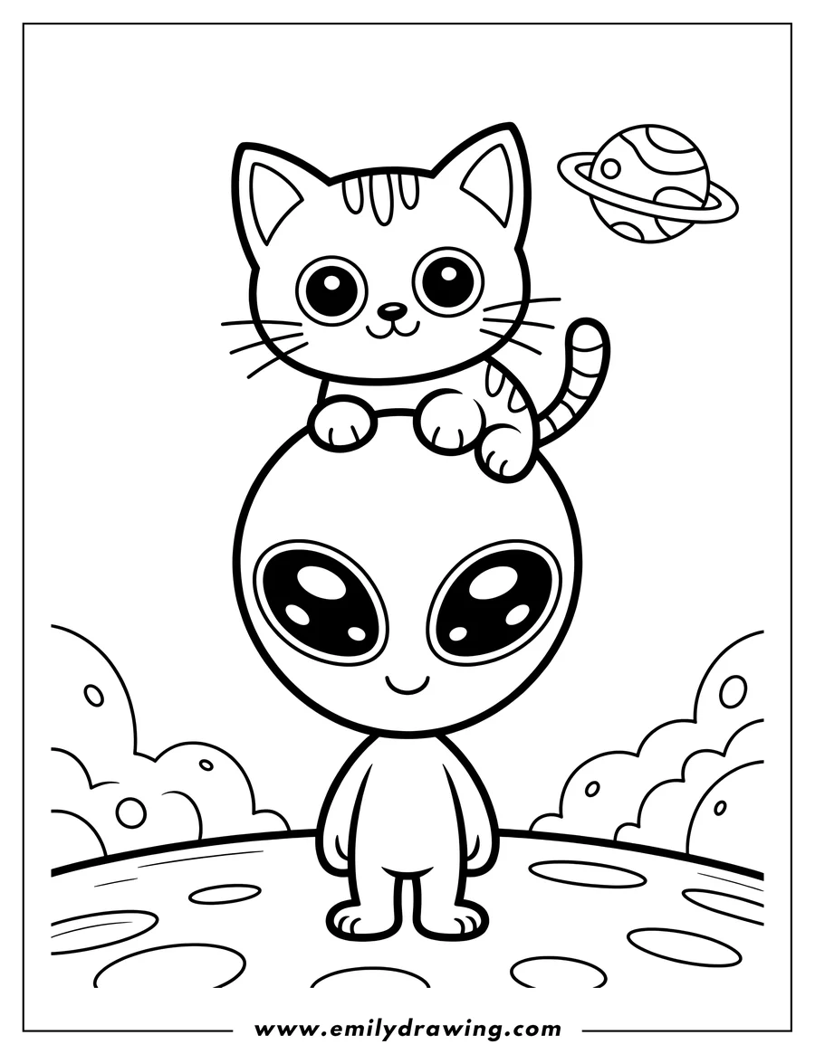 Line art of a cartoon cat sitting on the head of a smiling alien, both standing on a cratered moon-like surface, with a ringed planet floating in the background.