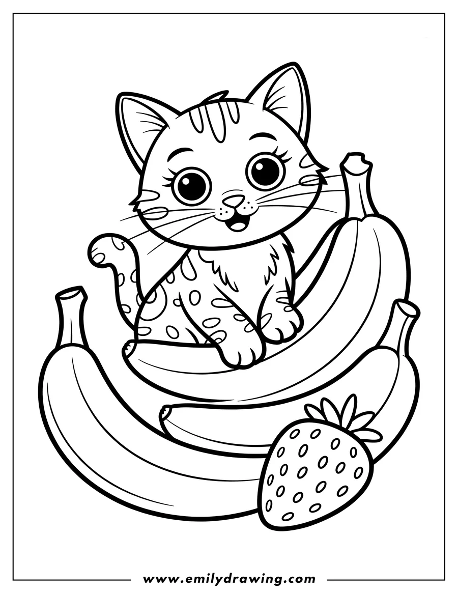 Line art of a smiling cat sitting on a bunch of bananas next to a strawberry.