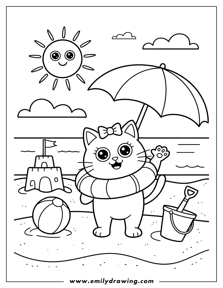Outline of a cartoon cat standing on the beach wearing a floatie and a bow. The cat is beneath a large umbrella next to a sandcastle, a beach ball, and a bucket. A smiling sun shines overhead.