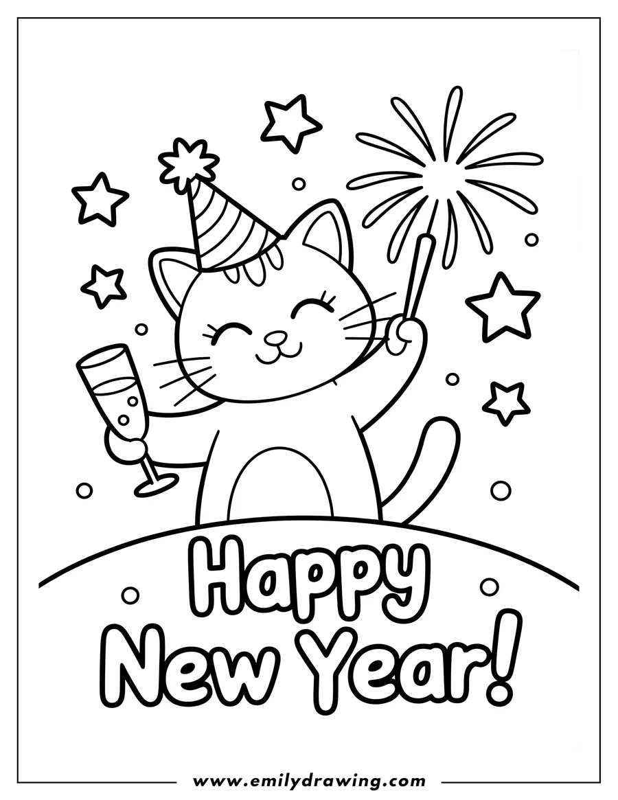 Outline of a cheerful cat wearing a party hat, holding a champagne glass and a lit sparkler. Stars and confetti circles are scattered around. The text 