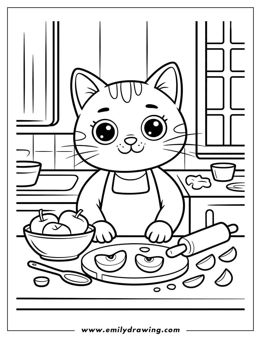 Line art of a cartoon cat wearing an apron and preparing sliced apples on a cutting board in the kitchen. A rolling pin and a bowl of whole apples are nearby.