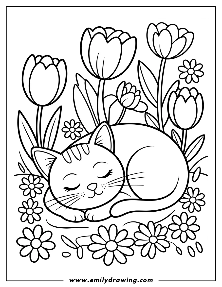 Line art of a cat sleeping peacefully curled up in a garden with tulips and daisies.