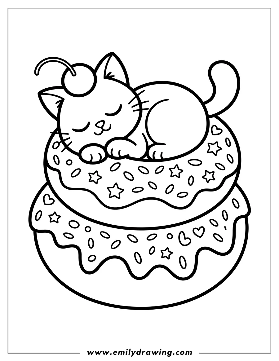 Outline of a cat sleeping on a decorated donut with sprinkles, stars, and a cherry on the cat's head.