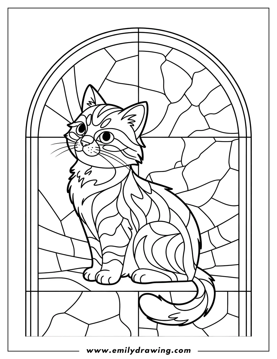 Line art of a cat sitting inside a stained glass window.