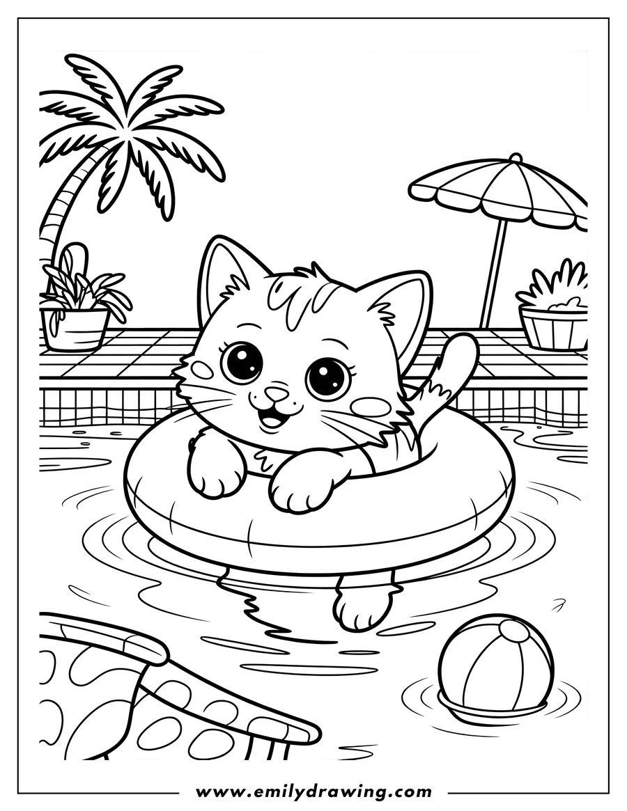 Line art of a happy cartoon cat floating in a swimming pool with an inner tube, with a palm tree, umbrella, and beach ball in the background.