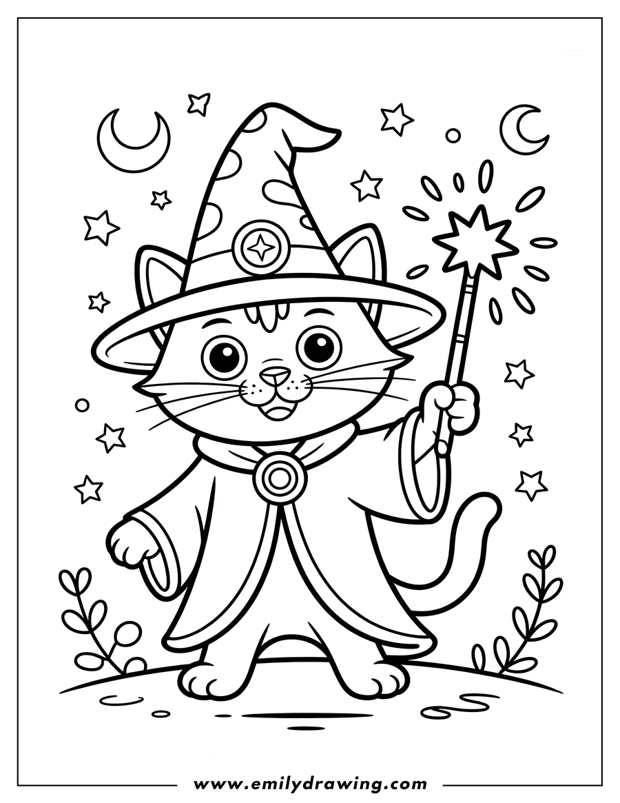 Line art of a cute cartoon cat dressed in a wizard's cloak and a pointed hat, holding a sparkling star-tipped magic wand against a background of moons and stars.