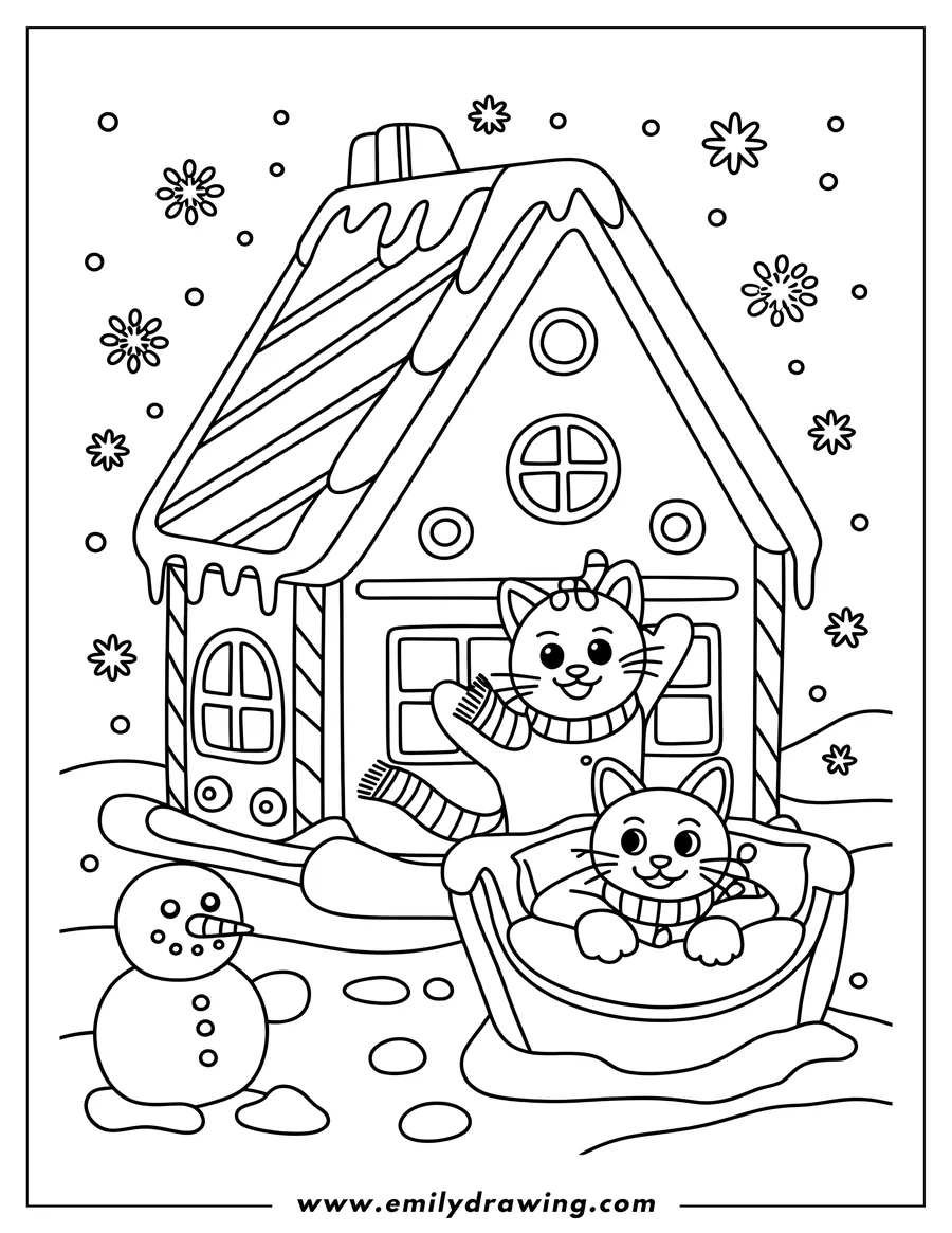 Two cats playing near a gingerbread house in the snow. One cat waves from behind the house, while the other sits in a sled. A small snowman stands nearby.