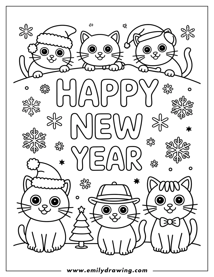 Outline of five cartoon cats celebrating New Year's, with three peeking over a snowdrift and two sitting below, next to a small Christmas tree. The text 'HAPPY NEW YEAR' is prominent, surrounded by snowflakes.