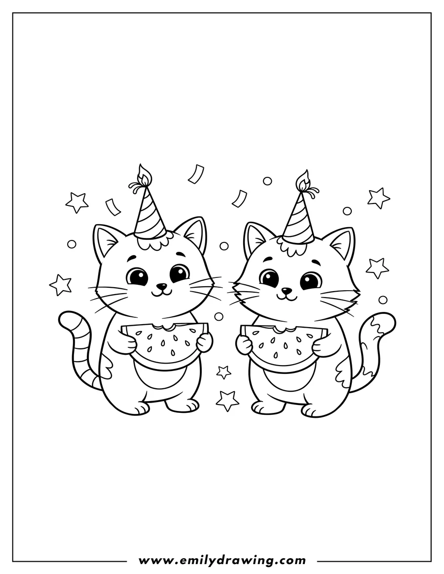 Line art of two cartoon cats wearing party hats, each holding a slice of watermelon. Confetti and stars are scattered around them.