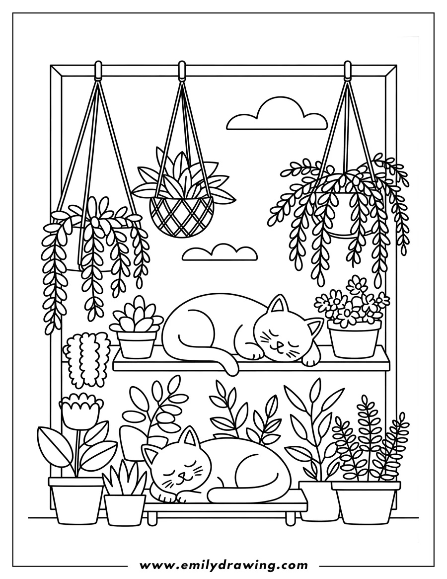 Line art of two cats sleeping peacefully on shelves, surrounded by various potted houseplants, including hanging plants, with clouds in the background.