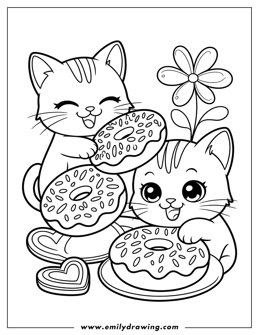 Two happy cats enjoying donuts. One cat holds a donut, while the other has a donut on a plate. A heart-shaped cookie and a flower complete the scene.