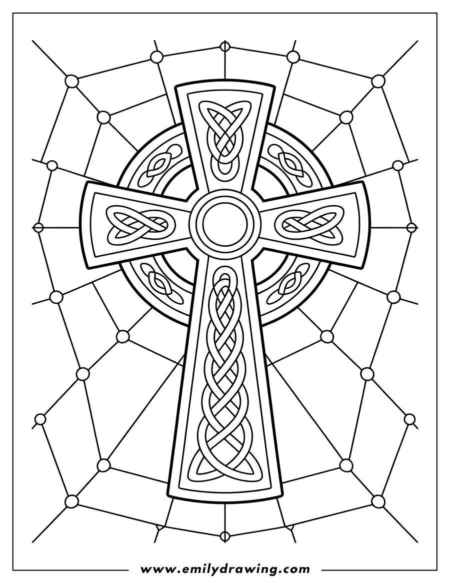 Outline of a Celtic cross with intricate knotwork against a stained-glass style background.