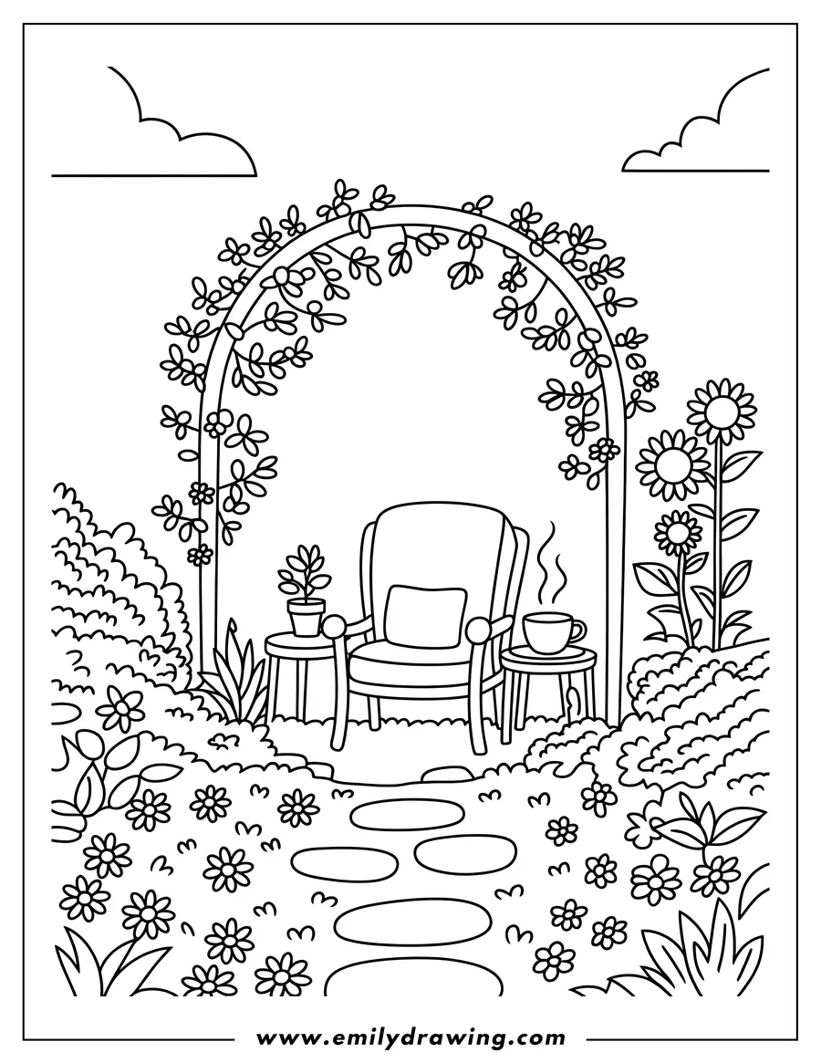 Line art of a comfortable chair with a pillow, two small tables, a potted plant, and a steaming cup, all nestled under a leafy garden archway with flowers and bushes around. Stepping stones lead up to the chair.