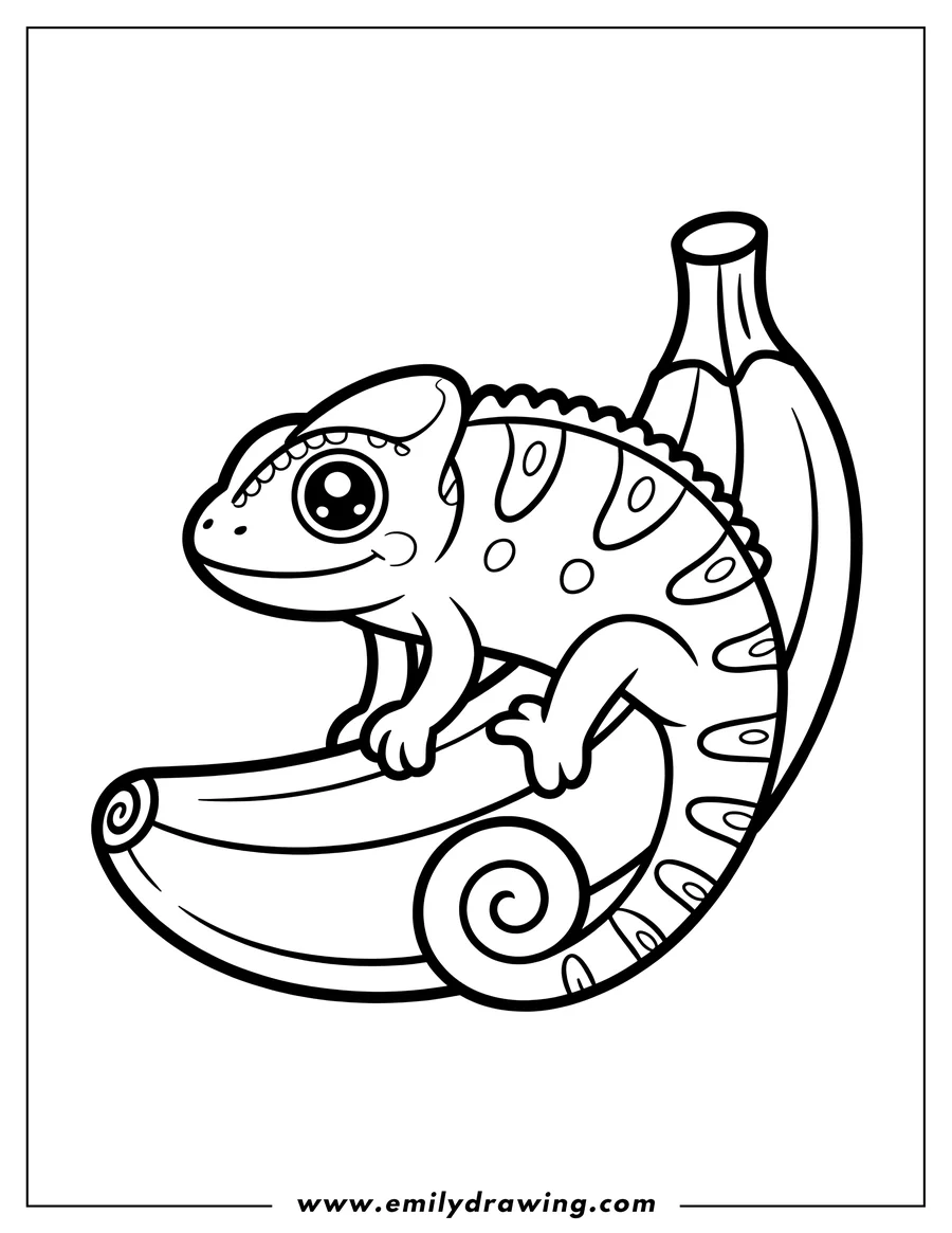 Outline of a chameleon sitting on a banana.