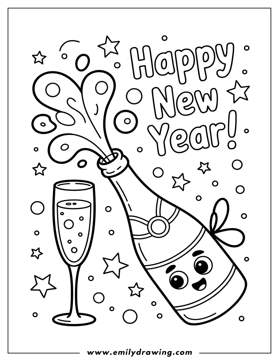 Outline of a cartoon champagne bottle popping, spraying bubbles, next to a full champagne glass, with 'Happy New Year!' text and scattered stars and circles.