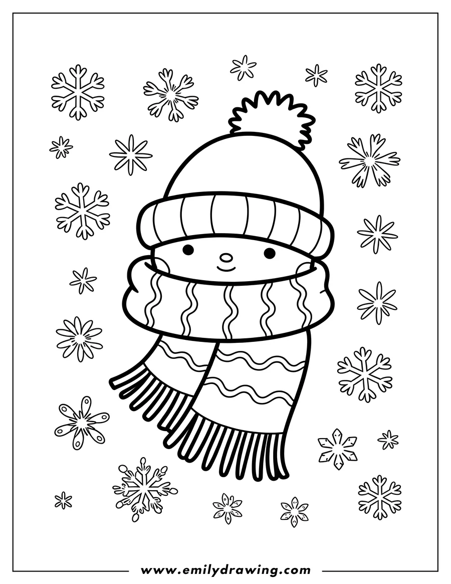 Outline of a small, round character wearing a winter hat with a pom-pom and a striped scarf, surrounded by falling snowflakes of various designs.