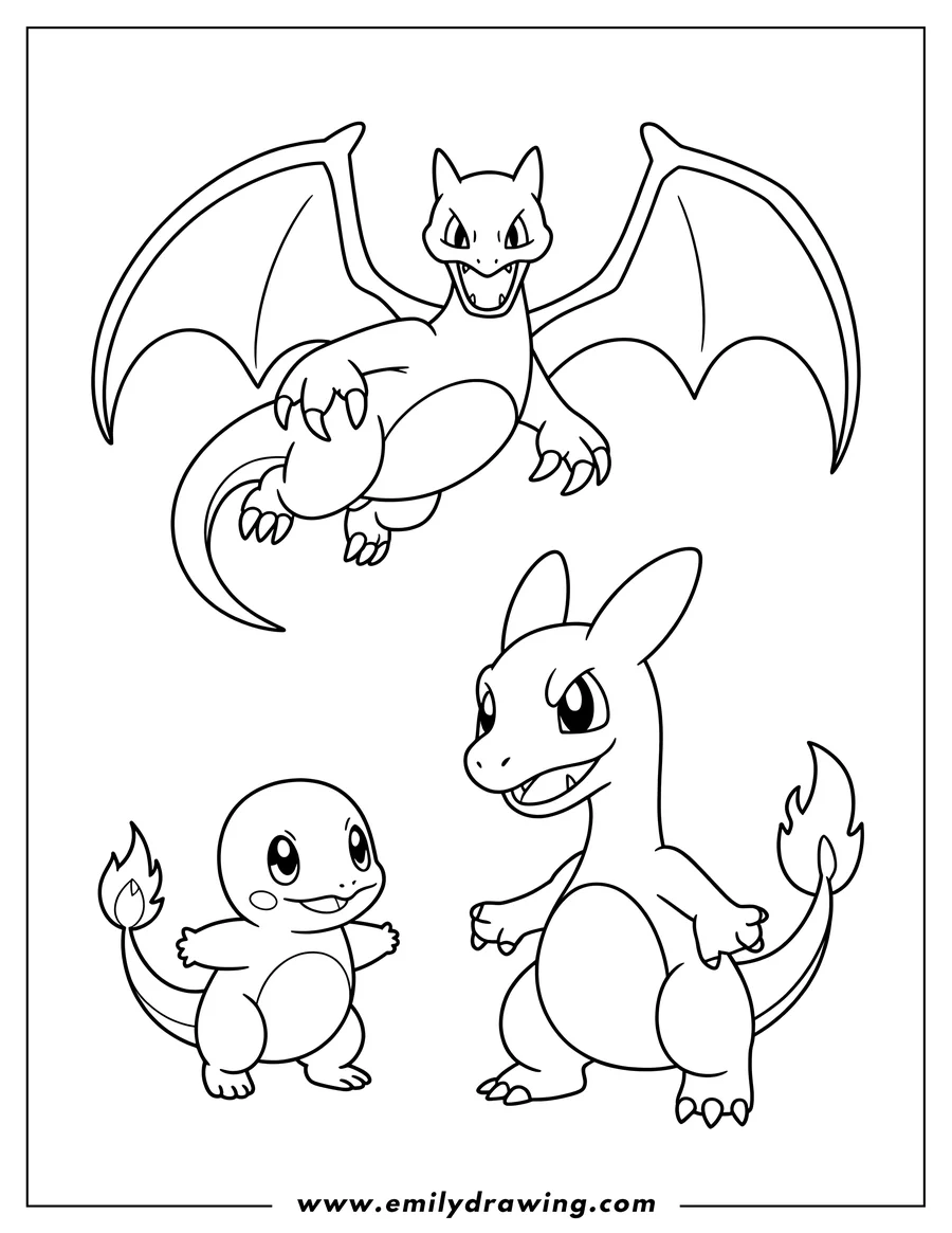 Outline of Charmander, Charmeleon, and Charizard, with Charizard flying at the top, Charmeleon standing in the middle, and Charmander standing at the bottom left.