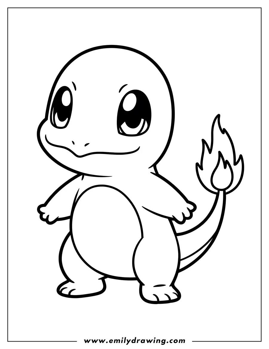 Outline of Charmander, a small, bipedal lizard-like Pokémon with a flame on its tail, standing and looking forward.