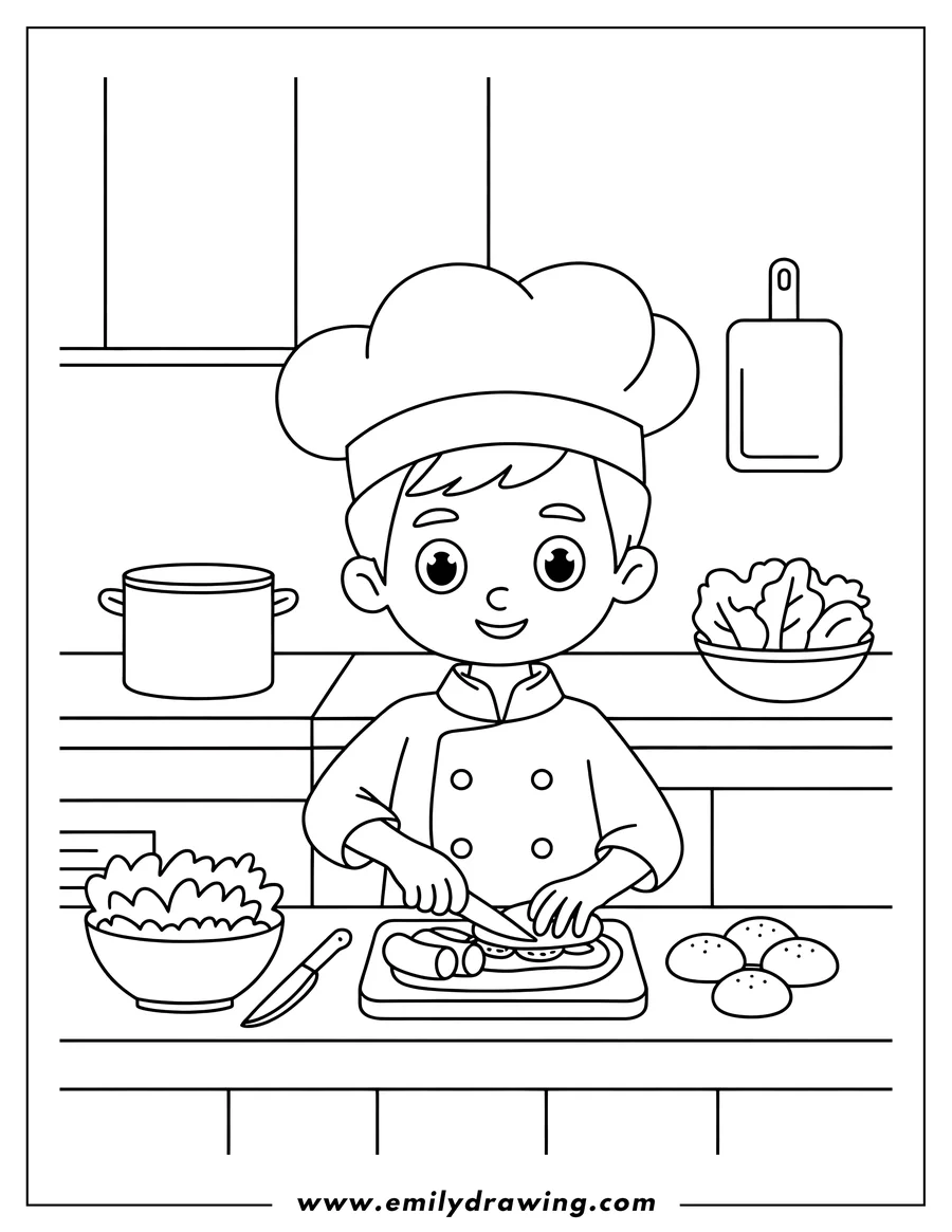 Line art of a young chef boy wearing a toque and uniform, happily slicing food (sausages or vegetables) on a cutting board in a detailed kitchen setting.
