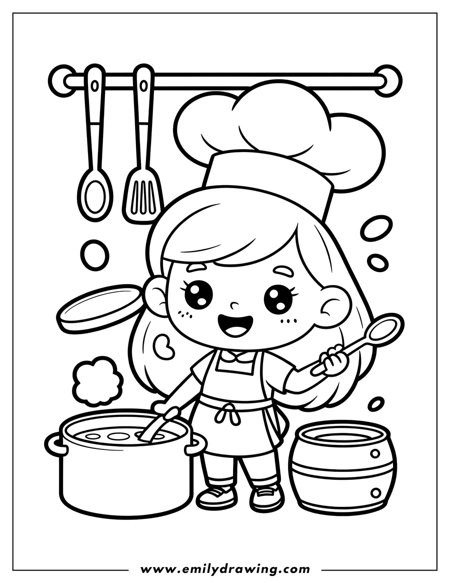 Outline of a smiling girl dressed as a chef, wearing a tall hat and apron, stirring a large cooking pot with steam rising. Kitchen utensils hang on a rack above her.