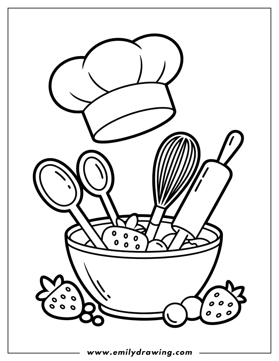 Outline of a chef hat floating above a mixing bowl. The bowl contains baking utensils including a whisk, a rolling pin, and two spoons, alongside ingredients like strawberries.