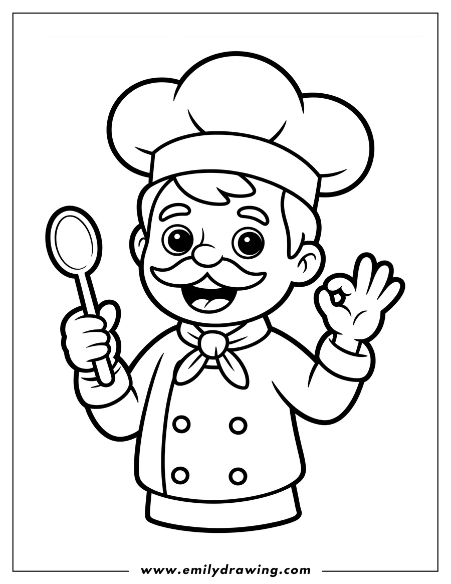 Outline of a friendly cartoon chef wearing a tall hat and mustache, holding a tasting spoon and making an 'OK' gesture.