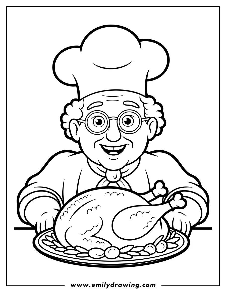 Line art of a chef with round glasses and a chef's hat, presenting a Thanksgiving turkey on a platter with garnish. Perfect for a holiday coloring activity.