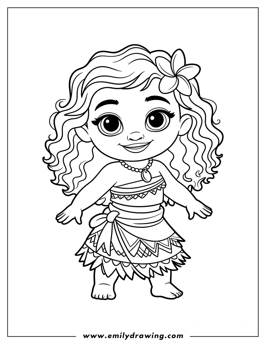 Line art of a chibi-style young Moana standing and smiling, wearing a traditional wrap skirt, a pendant necklace, and a tropical flower tucked into her curly hair.