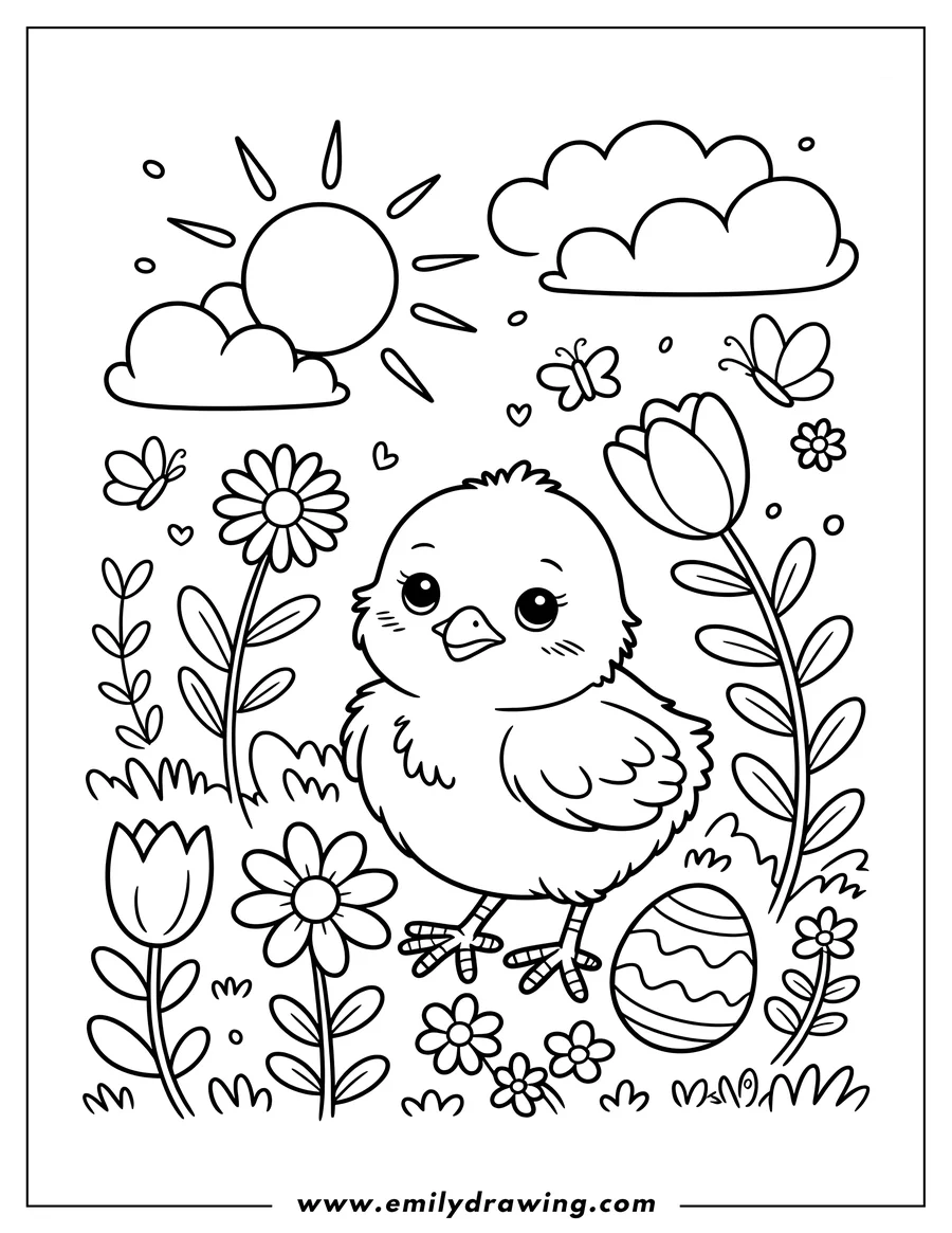 Outline of a fluffy chick standing in a garden with an Easter egg, flowers, butterflies, and a sun in the sky