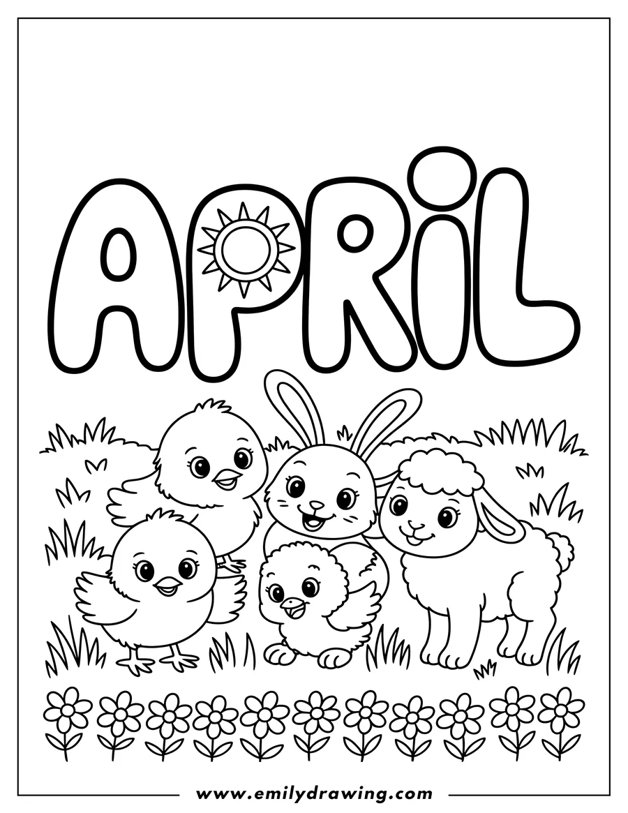 Line art of two chicks, a bunny, and a lamb standing in grass with flowers and the word April above.