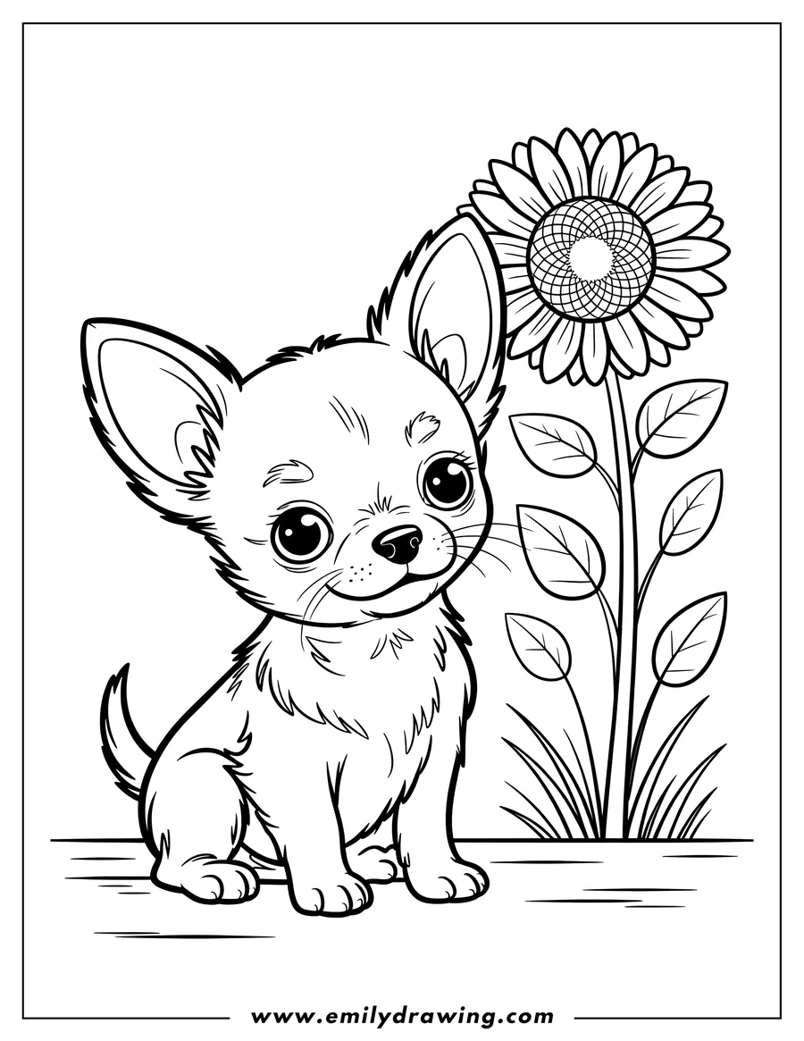 Outline of a chihuahua sitting next to a sunflower.