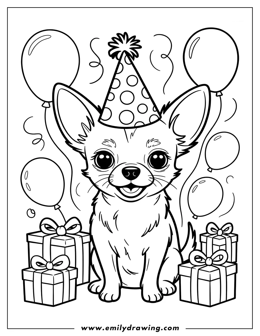 Line art of a Chihuahua wearing a birthday hat and sitting with presents and balloons.