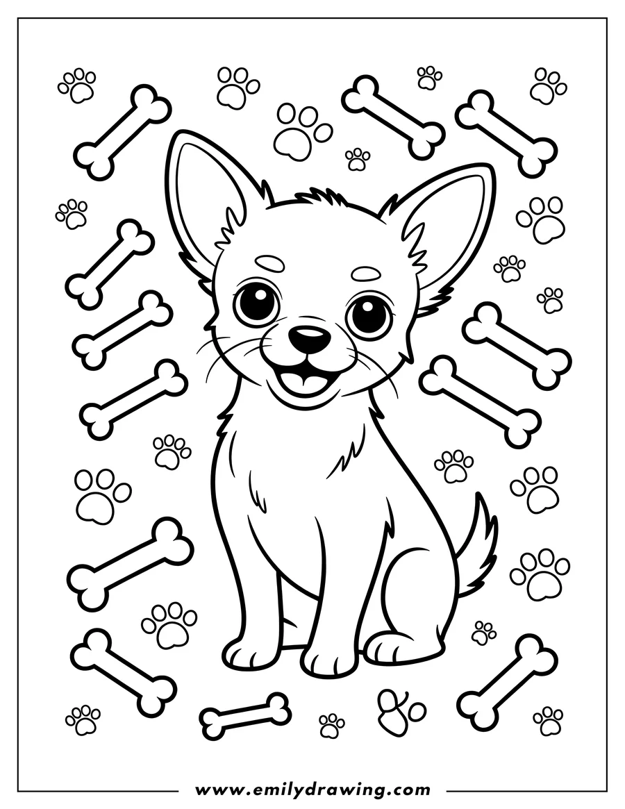 Line art of a chihuahua puppy surrounded by bones and paw prints.
