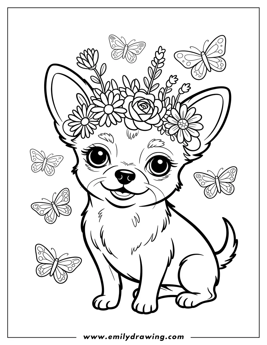Outline of a chihuahua wearing a crown of flowers, surrounded by several butterflies.