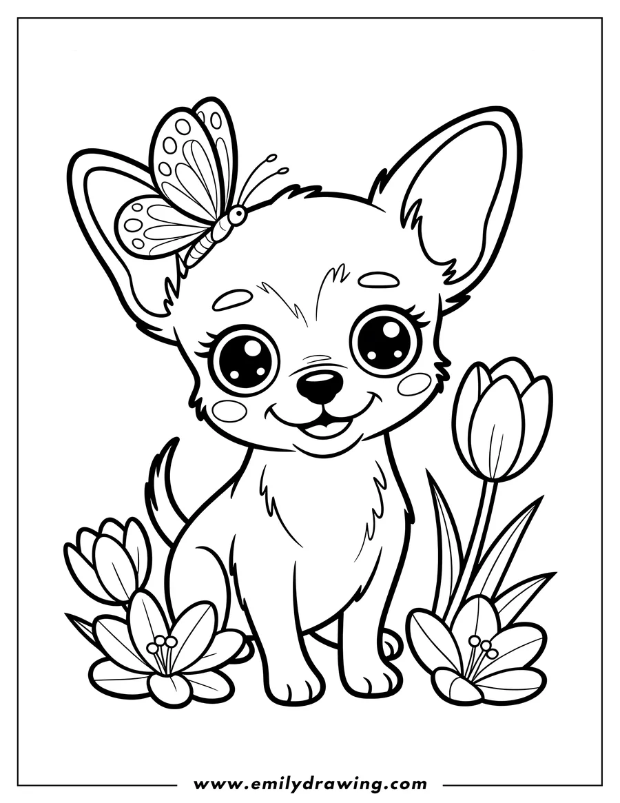 Outline of a chihuahua puppy sitting with a butterfly perched on its head, surrounded by tulips and other spring flowers.