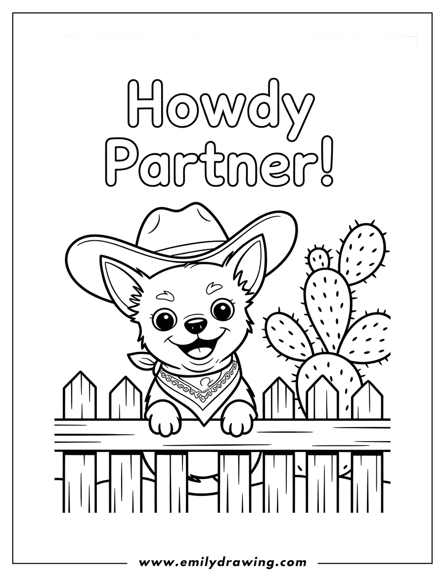 Line art of a friendly chihuahua wearing a cowboy hat and bandana, peeking over a wooden fence near a cactus.